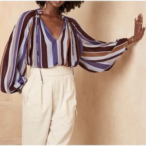 Banana Republic XL‎ Blouse Top Vertical Striped Long Sleeve Ruffle Neck Womens